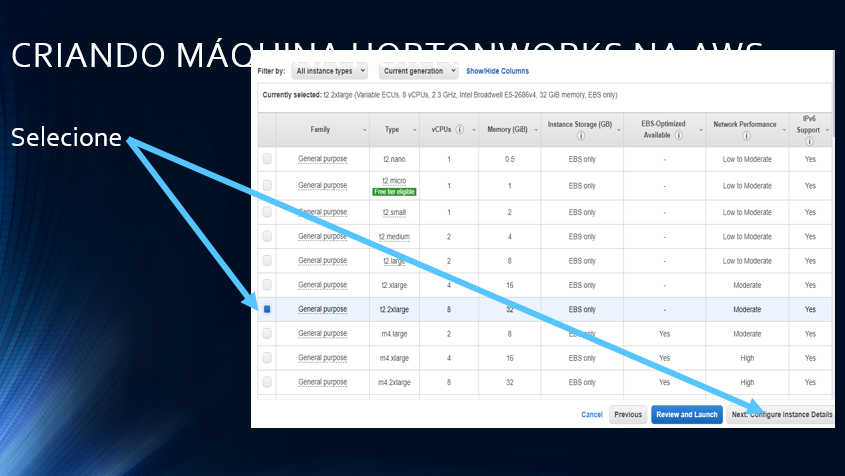 Selecione a de 8 processadores e 32 GB de RAM