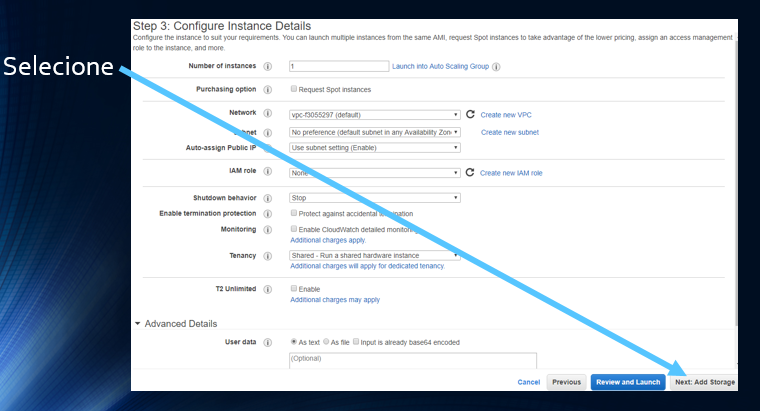 Selecione Next: Add Storage