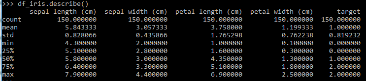 Resultado do describe no dataframe do iris dataset