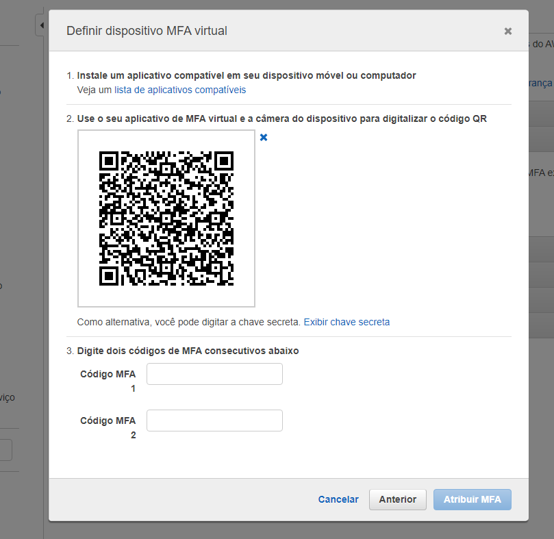 Definir dispositivo MFA mostrando o código