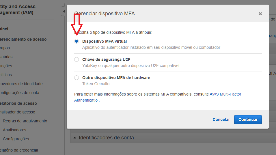 Modal tipo de dispositivo MFA