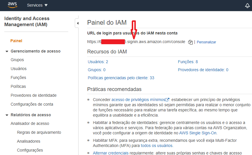 Link de login no painel IAM