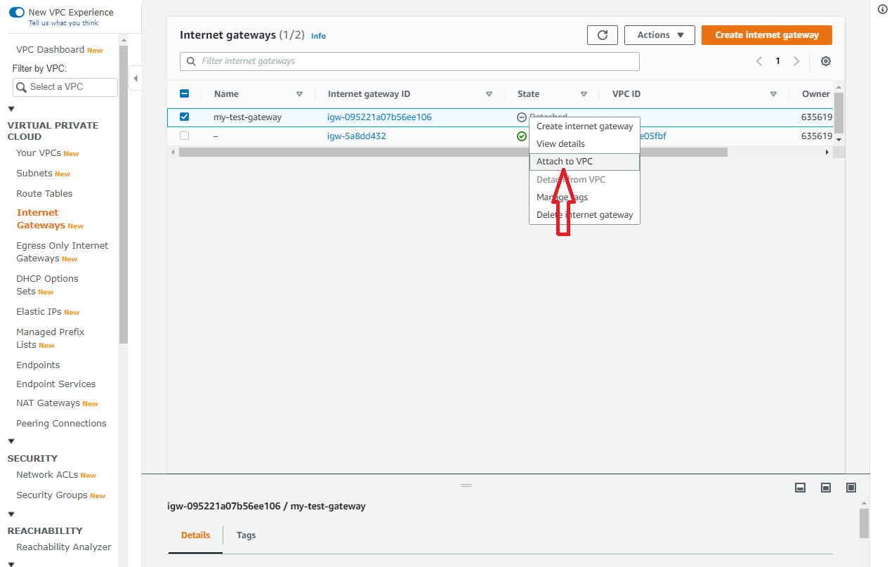 Anexe o gateway criado a VPC que criamos