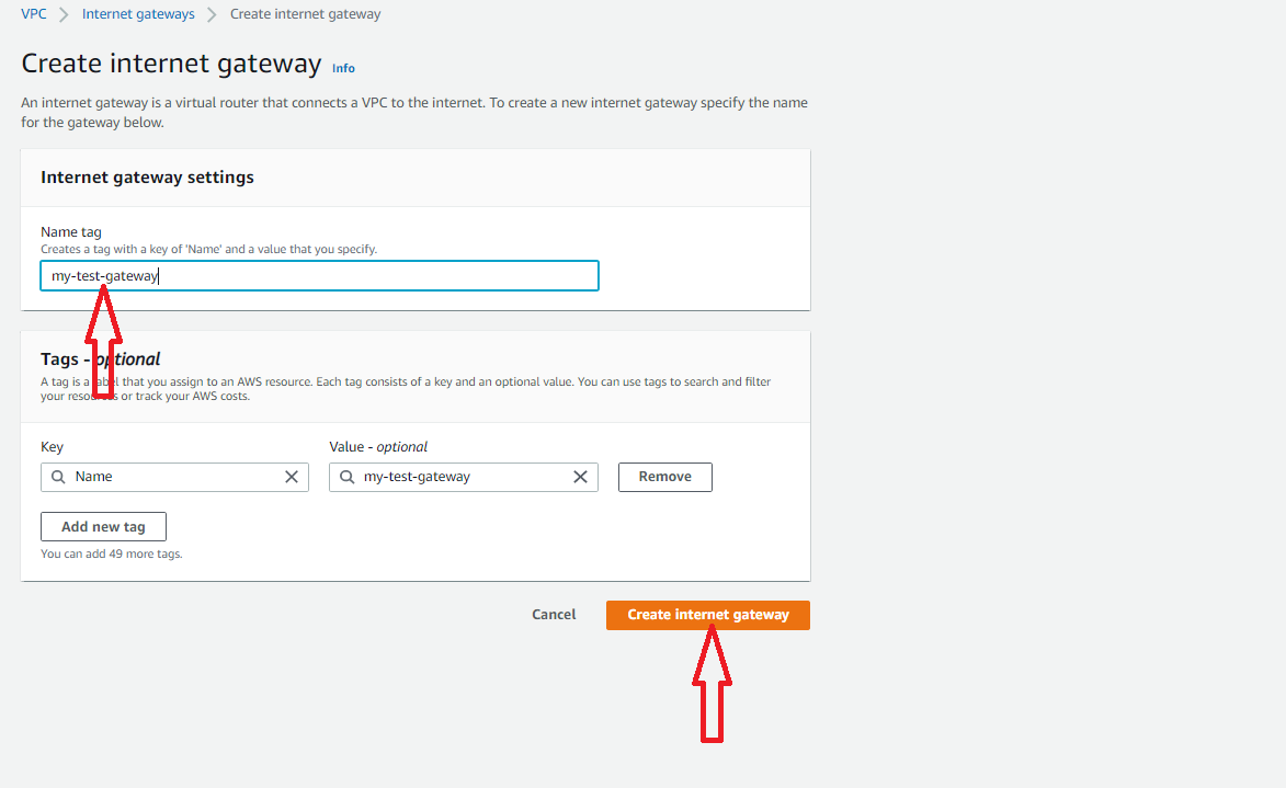 Dê um nome ao Gateway e clique em Create internet gateway