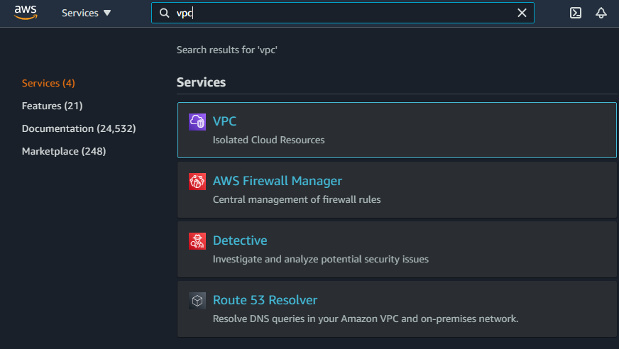 Digite VPC no search do Services