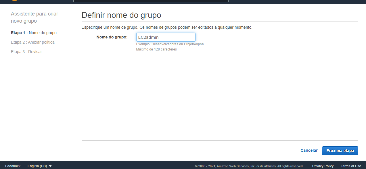 IAM Definindo o Nome do Grupo