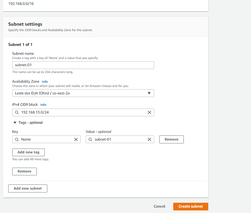 Preencha o restante como mostrado na figura e clique em Create subnet