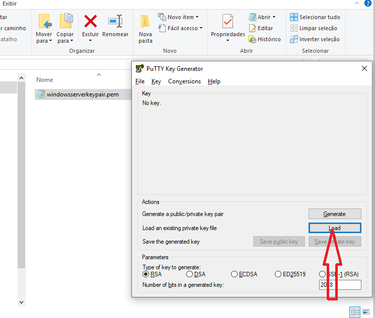 Abra o puttygen e selecione load
