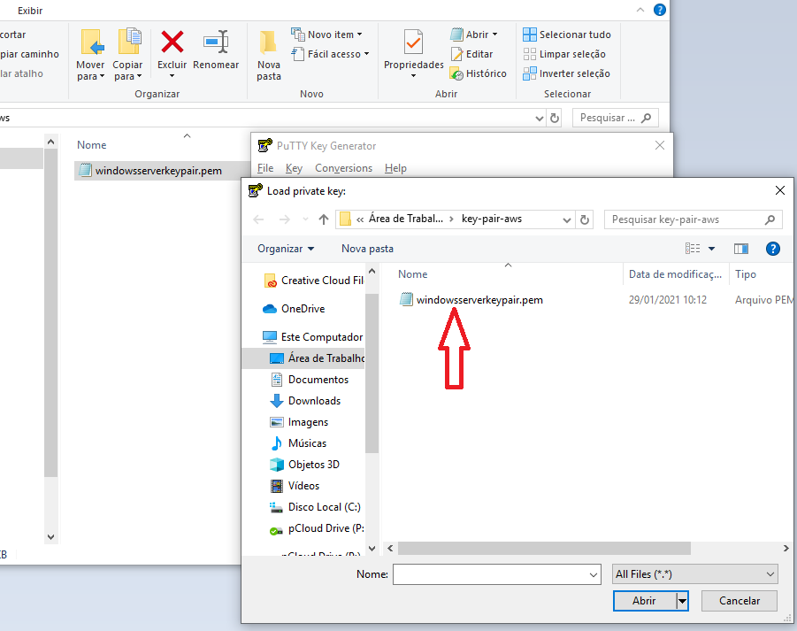 Depois de selecionar All Files, veja que ele enxerga o .pem