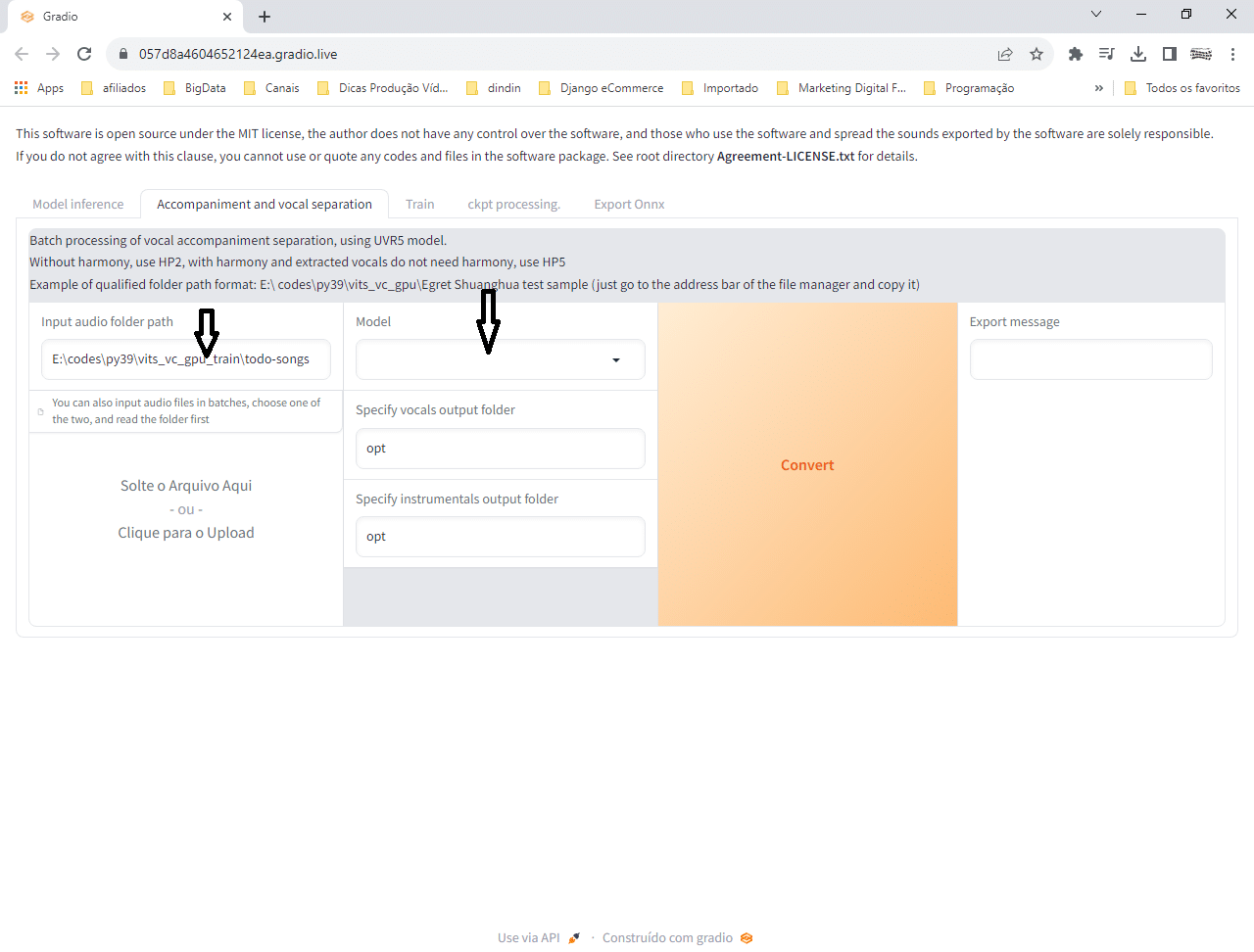 Tela de separação da voz dos instrumentos