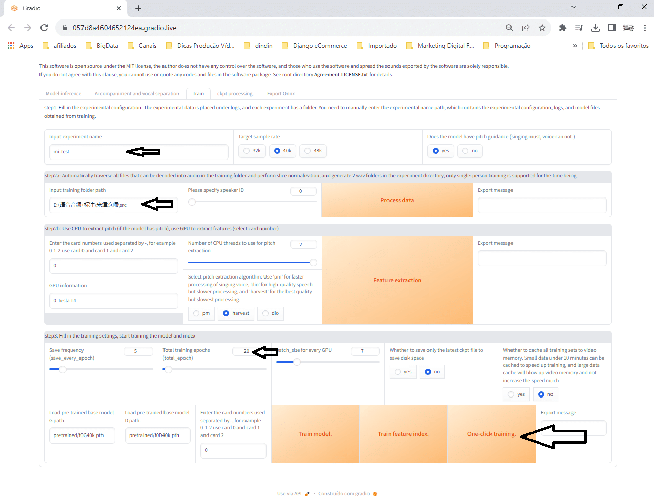 Tela de treinamento da rede