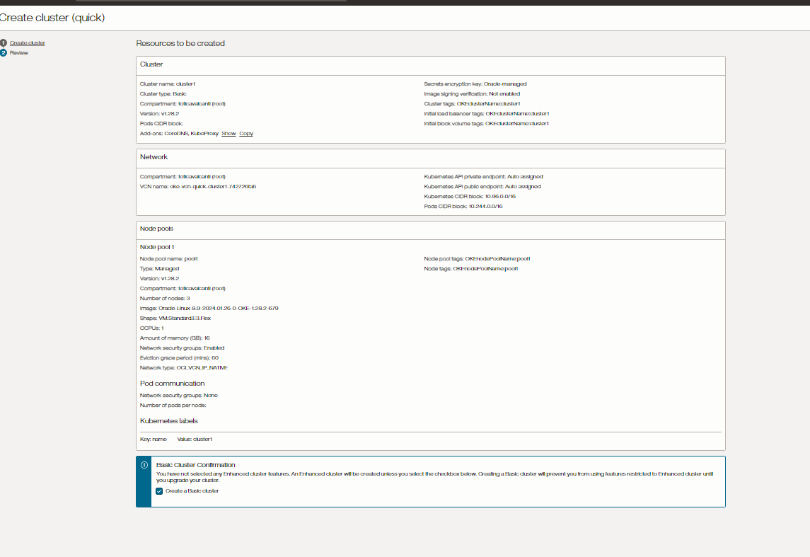 Tela de Review antes de criar o cluster